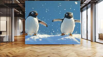 Two penguins walking on snow in a snowy day. Wall mural