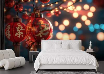 Two traditional Chinese red lanterns with Chinese characters hanging from a tree branch with warm bokeh lights in the background. Wall mural