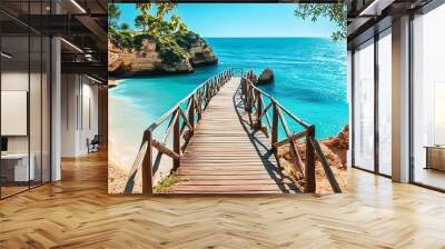 Wooden bridge leading to a secluded beach with crystal-clear water. Wall mural