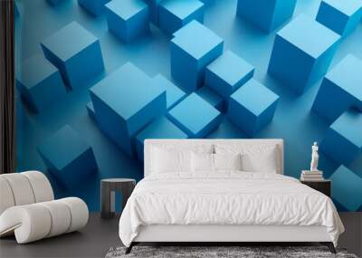 3d graphic, cubes and geometry with blockchain and creative blue render. Abstract digital block, geometric Illustration and future grid for modern wallpaper, mosaic and form for data innovation Wall mural