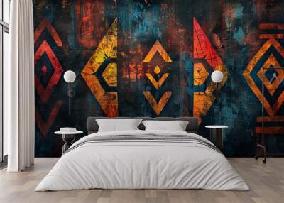 African, wood and graphic with geometric, background and tribal art or wallpaper texture. Traditional, decoration and illustration with 3d, carving and abstract pattern or paint for dynamic shape Wall mural