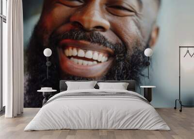 Black man, beard and smile in portrait with closeup for laughing with confidence in salon with clear skin. Barber, shop and pride with face for cosmetic with hair care, cleaning and trim with teeth Wall mural