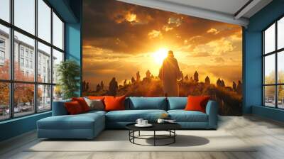 Christianity, sunrise and people on mountain with Jesus for religion, spiritual teaching and bible story. Gospel, prophet and men and women walking together for faith, belief and worship with God Wall mural