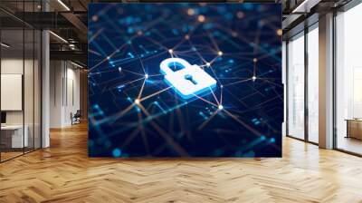 Cybersecurity, hologram shield and lock on network with lines, encryption and icon on grid by black background. Information technology, software and coding to stop threat, phishing and light with vpn Wall mural