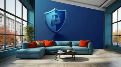 Cybersecurity, shield and lock for privacy with icon, encryption and programming symbol by blue background. Information technology, software and coding to stop threat, phishing and safety with vpn Wall mural