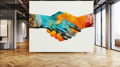 Handshake, business and collage art made of paper for agreement, deal and magazine advertising. Colourful, vibrant pop and creative graphic design poster for background, wallpaper and backdrop mockup Wall mural