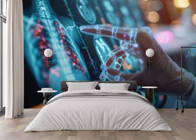 Person, hands and medical xray of lungs with fluid, asthma or cancer for research of anatomy with hologram. Doctor, finger and future medicare with dashboard for analytics and planning healthcare Wall mural