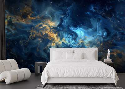 Texture, paint and swirl with outer space, marble background and creative splash, glitter or star sky graphic for art. Canvas, wallpaper and illustration for design, blue with gold ripple or galaxy Wall mural