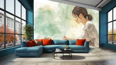 Woman, writing and watercolor illustration for creative design as wallpaper background, journal or notebook. Female person, planning or studying with tea cup as artistic drawing, painting or calm Wall mural