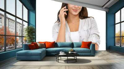 A beautiful business female conversing with her client happily over the smartphone and having a discussion and networking connection isolated on a png background. Wall mural