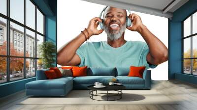 A carefree senior black man wearing headphones  and listening to his favourite music isolated on a PNG background. Wall mural