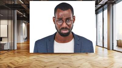 A professional black model displays disappointment following a corporate job failure, with a worried facial expression reflecting their concerns and anxieties isolated on a png background.  Wall mural