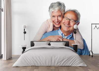 A self caring senior parents embracing on their wedding anniversary isolated on a png background. Affectionate and caring senior concept. Wall mural