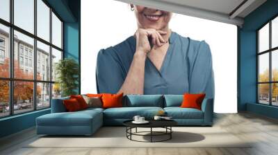 A senior woman posing with her hand on her chin Isolated on a PNG background. Wall mural