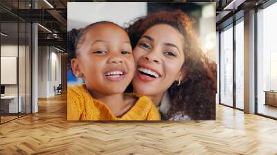 African mom, selfie and portrait of child laughing in home for happy memory, love or family bonding. Face, smile and profile picture of mother with girl or foster kid for adoption photograph together Wall mural