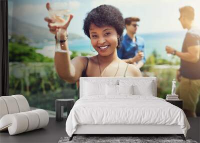 African woman, toast and portrait at party with drink, champagne and smile with celebration in summer. Person, girl and happy with glass, excited and cheers at social event with friends in summer Wall mural