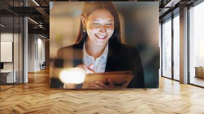 App, double exposure and tablet with business woman in city for learning, reading or research. Internet, software and tech with happy professional employee in corporate workplace for email feedback Wall mural