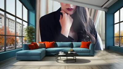 Asian woman, portrait and serious or fashion with style for fancy event or confidence in suit, classy or makeup. Female person, face and clothing at formal party with edgy blazer, cosmetic or beauty Wall mural