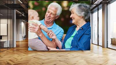 Baby, playing and grandparents love in nature, weekend visit and outdoor for child development. Infant, boy and grandma or grandpa for support in childcare, bonding and kid for connection on bench Wall mural