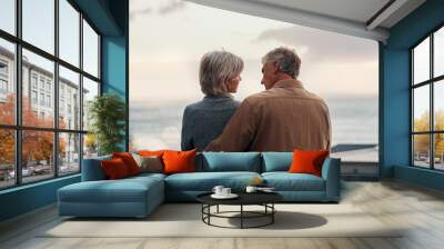 Back, morning or love and senior couple outdoor on balcony of home together with view of horizon or ocean. Holiday, sea and sky with elderly people in suburban neighborhood for bonding or vacation Wall mural