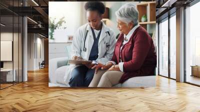 Black doctor, mature patient or paper in consultation, advice or trust as electronic medical record. Female physician, older woman or tech to support, help or discuss in professional health clinic Wall mural