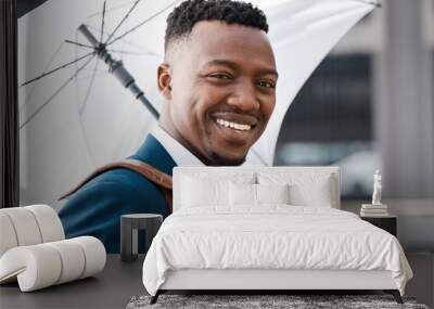 Black man, smile and umbrella in portrait with professional for life insurance with policies. Happiness, cover and outside with beneficiary, premium and corporate for benefits with people in business Wall mural