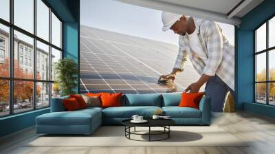 Black man, solar panel and renewable energy for connection, sustainable or clean power. Engineer, alternative generator and carbon neutral technology in conservation, environment or green electricity Wall mural