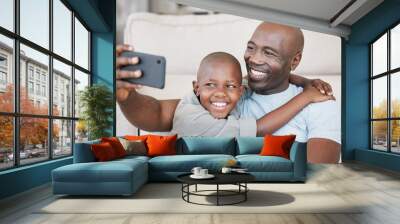 Black people, dad and happy with son on selfie at home on floor for social media, memories and profile picture. Family, parent and smile with kid in living room for bonding, support and childcare Wall mural