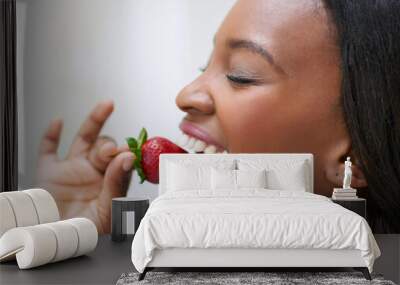 Black woman, health and strawberry bite in home, nutrition and organic fruits for wellness. Female person, profile and morning breakfast in kitchen, natural vegan diet and paleo food for weight loss Wall mural