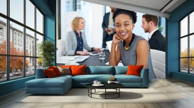 Black woman, lawyer and smile in portrait at meeting for negotiation, investigation or legal career. Attorney, advocate and person with documents, contract and happy in office at corporate law firm Wall mural