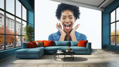 Black woman, portrait and excited with afro for winning, good news or prize on a white studio background. Face of surprise, happy African or female person with smile for alert, promotion or deal Wall mural