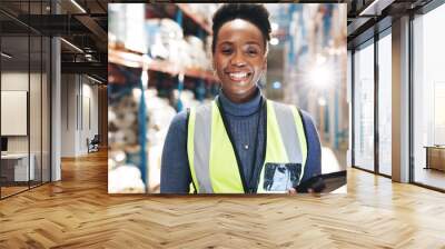 Black woman, portrait and tablet in warehouse for logistic, inventory check and stock management for web. Inspection, employee or supervisor with digital for shipping order, quality control and smile Wall mural