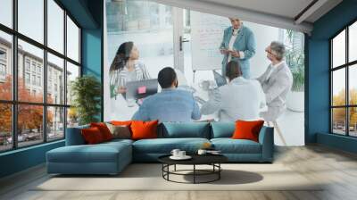 Boardroom, tablet and businesswoman with whiteboard for presentation, investment update and future goals. Glass office, corporate staff or investor relations ceo with digital, discussion and training Wall mural