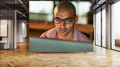 Business, man and computer in office at night as web designer for research, information and creative project deadline. Developer, proposal and glasses for planning, review or cad systems of overtime Wall mural