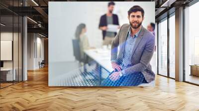 Business, man and portrait in co working office for creative job, happy employee and company goals with vision for growth. People, workplace and meeting discussion, project manager and male person Wall mural