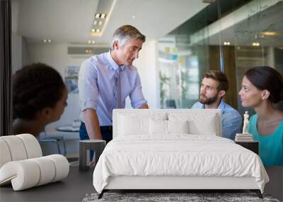 Business, man and talking in meeting office for planning, ideas and collaboration support of project pitch. Men, woman and discussion for brainstorming, feedback or teamwork of negotiation goal Wall mural