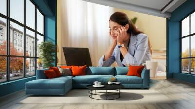 Business, tired and woman with laptop, stress and slow internet with depression, anxiety and mistake. Person, employee and consultant at desk, headache and online reading with deadline and overworked Wall mural