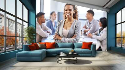 Business, woman and happy in office on portrait for career or job growth and opportunity as project manager. Female person, confidence and smile or proud with teamwork and collaboration in boardroom Wall mural