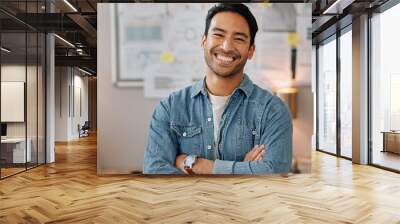 Business man, arms crossed and smiling face with creative worker and confident from admin consultant job. Happy, professional and portrait with entrepreneur employee for startup career at night Wall mural