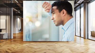 Business man, window and sad in office with reflection, thinking and choice for career, fail or mistake. Person, glass and ideas with depression, burnout and anxiety for decision at insurance agency Wall mural