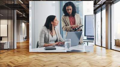 Business meeting, data analytics or women with graph presentation in office for tablet, idea or laptop collaboration. Chart, analysis or accounting team brainstorming economy, inflation or solution Wall mural