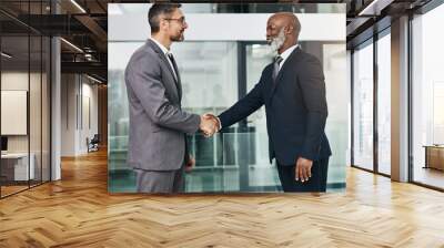 Business people, handshake and introduction in office for agreement, negotiation and hello at law firm. Corporate man, clients or lawyer shaking hands for legal collaboration, consultation or meeting Wall mural