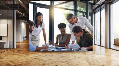 Business people, meeting and budget planning in boardroom for audit and financial logistics with paperwork. Corporate group, teamwork and company review for discussion about spending and resources Wall mural