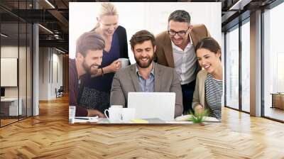 Business people, smile and discussion with laptop in office for campaign planning, update media contacts and work. Public relations team, group and online with conversation for search market trends. Wall mural