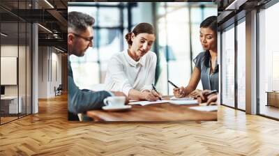 Business people, writing and documents in meeting with team, negotiation or discussion in boardroom. Women, man and lawyer for agreement with signature, contract or collaboration at insurance agency Wall mural