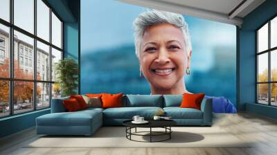 Business woman, face and senior, lawyer happy with career and confident on rooftop, skyscraper and pride. Expert, legal employee or attorney with smile in portrait for corporate and professional Wall mural