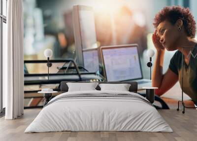 Business woman, stress and back pain on computer for human resources report, confused or fatigue in office. African worker with headache and overworked on desktop for payroll mistake on a banner Wall mural