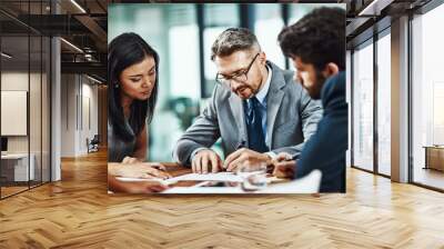 Businessman, contract and partnership in meeting for collaboration, merger and company growth in conference room. Professional, agreement for deal and planning or document for project in office Wall mural