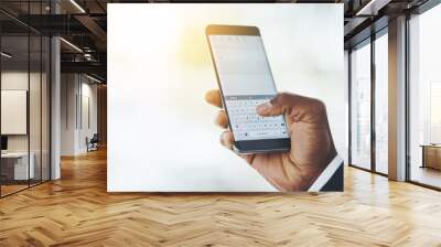 Businessperson, hands and email with phone screen for communication, notes or memo at office. Closeup of employee texting, browsing or chatting on mobile smartphone, display or keypad or website Wall mural