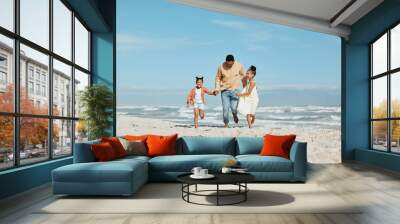 Care, holding hands and running with family at beach for travel destination, summer or vacation. Relax, tropical and adventure with father and children for holiday, bonding and happiness together Wall mural